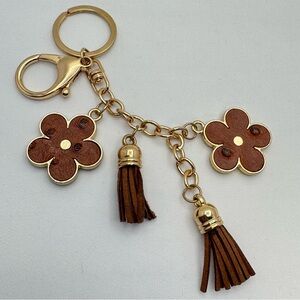 Floral Tassel Keychain Brown Faux Leather Gold Tone Bag Charm